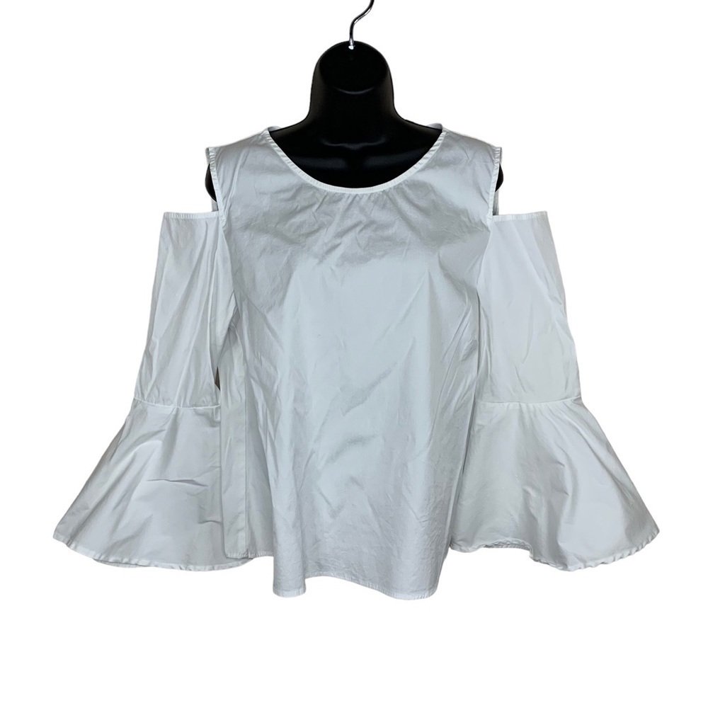 Saks Fifth Avenue White Stretch Blouse Cutout Cold Shoulder Large Bell Sleeve